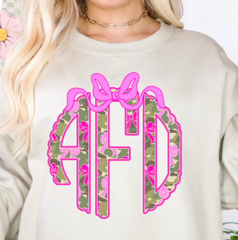 Pink camo bow monogram